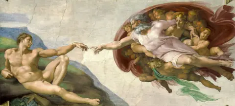Detail of Michelangelo’s Creation of Adam — two hands almost touching.