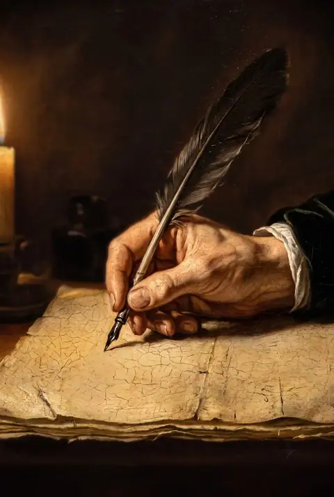 A hand writing with a quill — authorship.